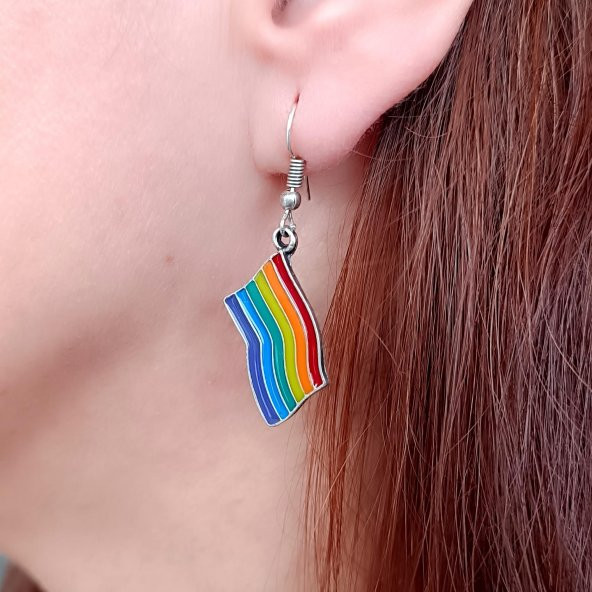 Mineli Gökkuşağı Pride Bayrak Şekilli Unisex Küpe Çift Adet Gümüş Kaplama El Yapımı Unisex Küpe - 10