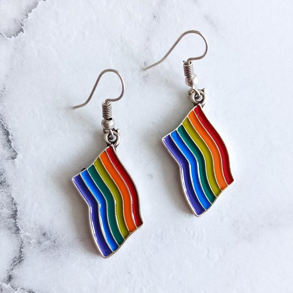 Mineli Gökkuşağı Pride Bayrak Şekilli Unisex Küpe Çift Adet Gümüş Kaplama El Yapımı Unisex Küpe - 12