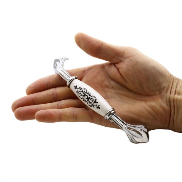 Eljarana Lüks Porselen Mobilya Çekmece Dolap Kapak Kulpu Kulbu 128 mm Beyaz Krom - Resim 2