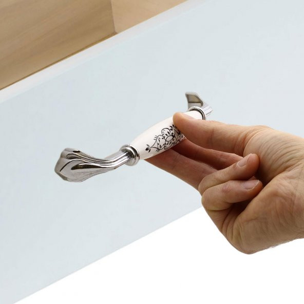 Eljarana Lüks Porselen Mobilya Çekmece Dolap Kapak Kulpu Kulbu 128 mm Beyaz Krom - Resim 6