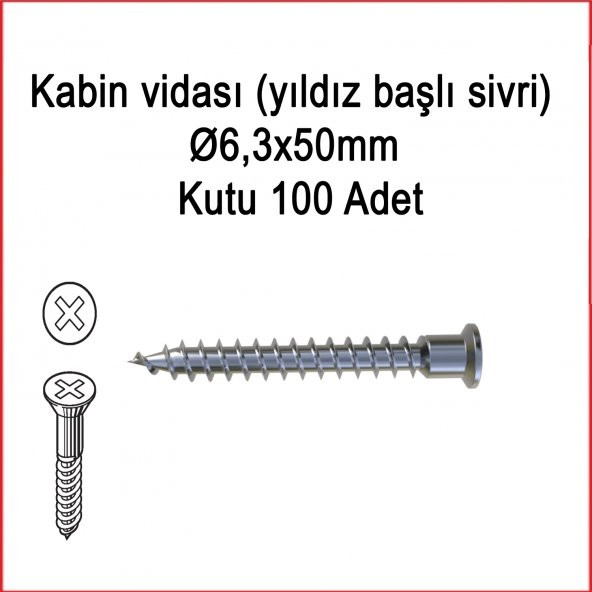 Metal Galvaniz Kabin vidası (yıldız başlı sivri) 06,3x50mm 100 Adet Kargo bedava - 5