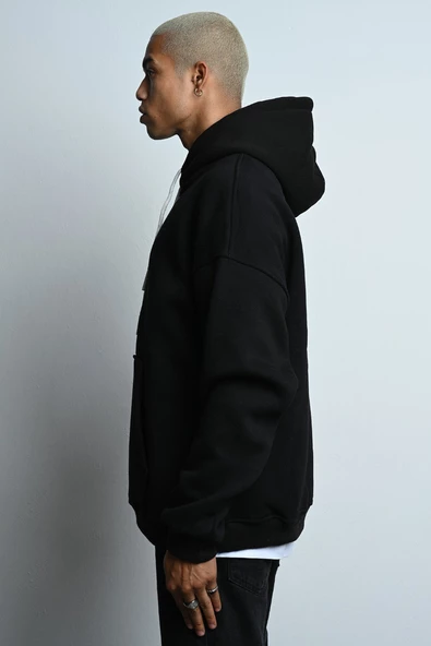 OVERSİZE KAPŞONLU KANGURU CEPLİ İÇİ POLARLI 3 İPLİK ERKEK SWEATSHİRT - 7