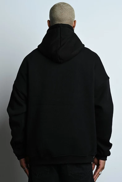 OVERSİZE KAPŞONLU KANGURU CEPLİ İÇİ POLARLI 3 İPLİK ERKEK SWEATSHİRT - 8