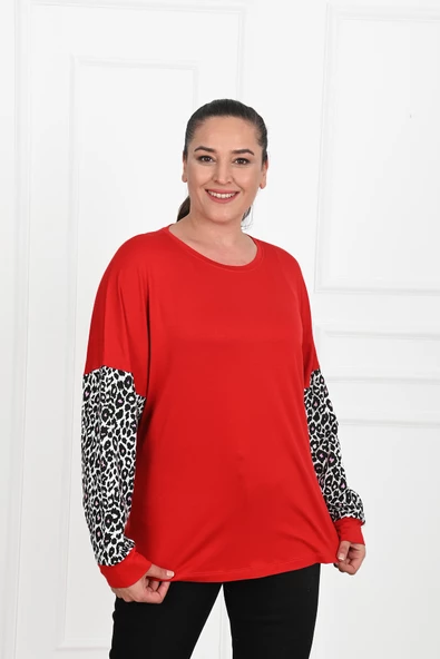Kadın Leopar Kol  Detaylı Büyük Beden Bluz 1377-23 - 8