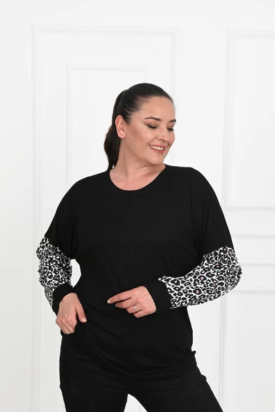 Kadın Leopar Kol  Detaylı Büyük Beden Bluz 1377-23 - 2