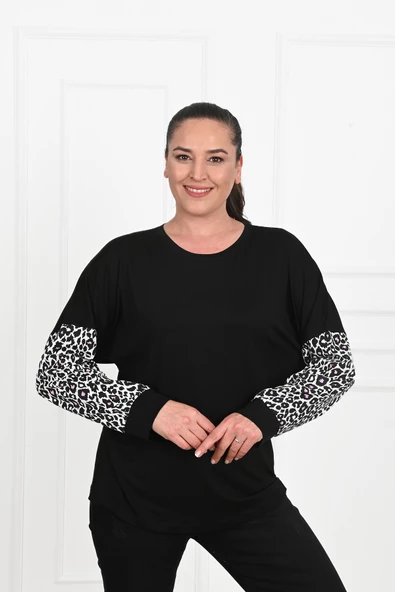 Kadın Leopar Kol  Detaylı Büyük Beden Bluz 1377-23 - 5