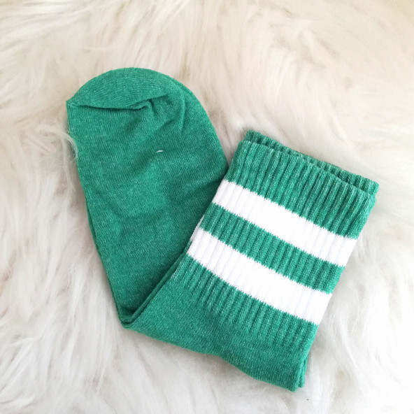 Beyaz Çizgili Koyu Yeşil Kolej Çorap