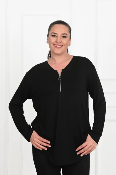 Kadın Yarım Fermuar Detaylı Büyük Beden Bluz 1387-23 - 2