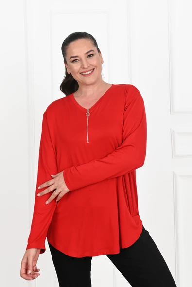 Kadın Yarım Fermuar Detaylı Büyük Beden Bluz 1387-23 - 7