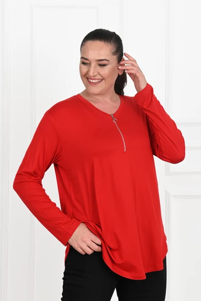 Kadın Yarım Fermuar Detaylı Büyük Beden Bluz 1387-23 - 8