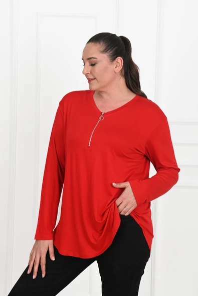 Kadın Yarım Fermuar Detaylı Büyük Beden Bluz 1387-23 - 10