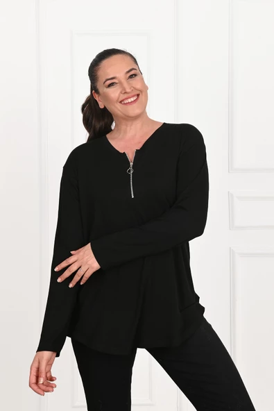 Kadın Yarım Fermuar Detaylı Büyük Beden Bluz 1387-23 - 5