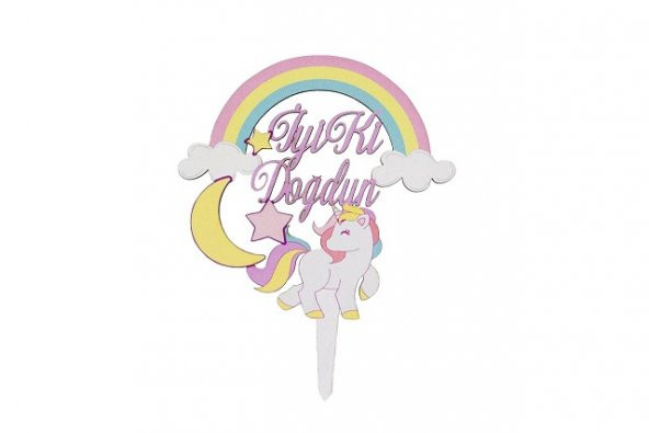 Benim Marifetlerim Unicorn Ahşap Pasta Süsü 14 cm ürün görseli