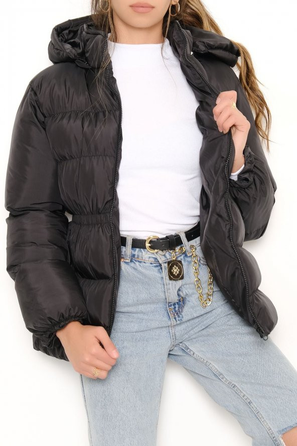 Beli Lastikli Şişme Mont Siyah - 6351.179. Beden 44 - 2