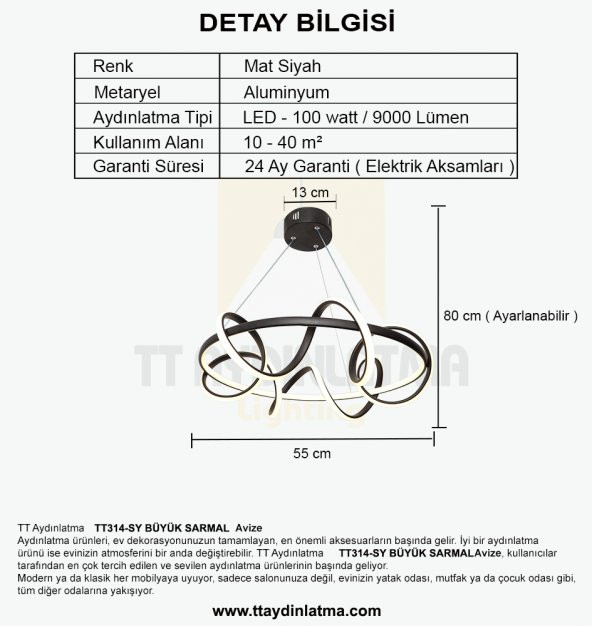 TT Aydınlatma TT314-SY  Büyük Sarmal Modeli Mat Siyah Led Avize - 3
