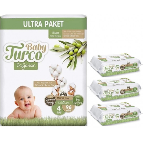 Baby Turco Doğadan Bebek Bezi 4 Numara Maxi Ultra Paket 96 Adet  Islak Mendil 3'lü