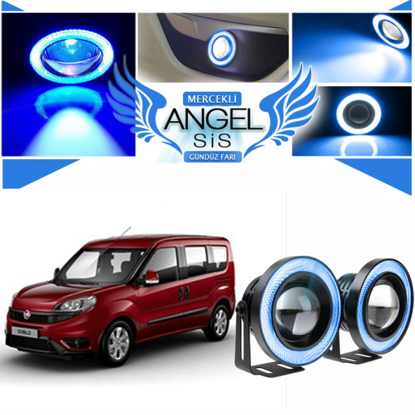 Fiat Doblo D4 Uyumlu, Universal Mercekli Led Angel Sis Farı, 76mm Buz Mavi Renk