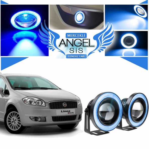 Fiat Linea Uyumlu, Universal Mercekli Led Angel Sis Farı, 76mm Buz Mavi Renk