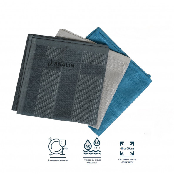 Akalın Orijinal 3'lü Profesyonel Mikrofiber Temizlik Bezi - İthal Ürün - Tek Dokunuş (Açık Gri, Mavi, Koyu Gri)