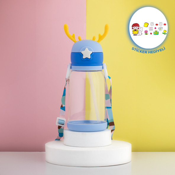 Porsima 21.0002 Matara Geyik Sticker Hediyeli Askılı Suluk - Su Şişesi - Mavi 600 mL ürün görseli