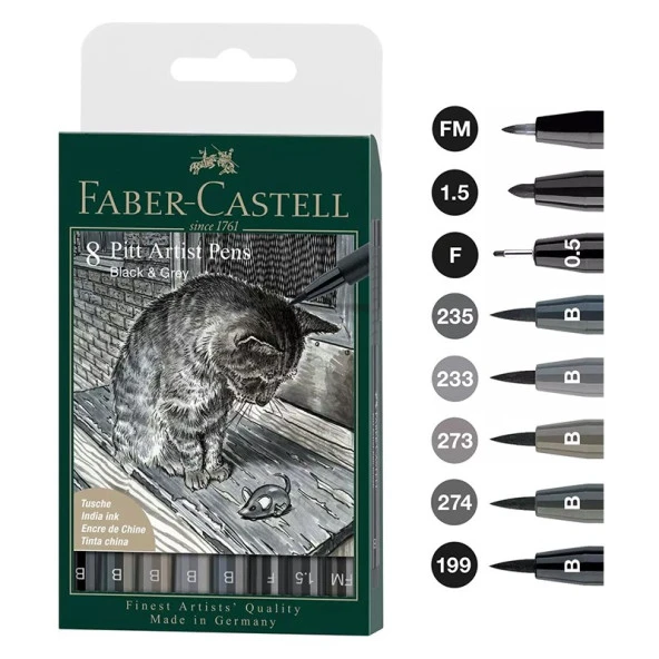 Faber-Castell Pitt Artist Pen Fırça Uç 8'li, Gri & Siyah Tonları