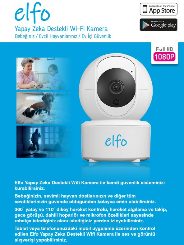 Elfo Full HD Yapay Zeka Destekli 360º Dönebilen Gece Görüşlü Wifi Dijital Bebek Güvenlik Kamerası
