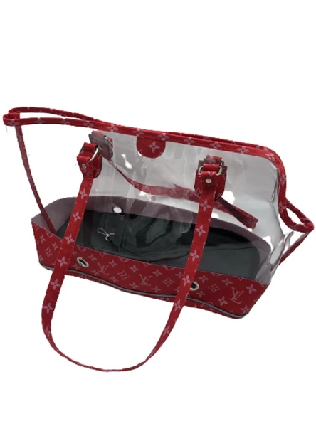 Küçük Irk Köpek Askılı Şeffaf Taşıma Çantası Kırmızı 49x15x30 cm - 3
