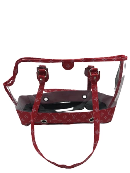 Küçük Irk Köpek Askılı Şeffaf Taşıma Çantası Kırmızı 49x15x30 cm - 2