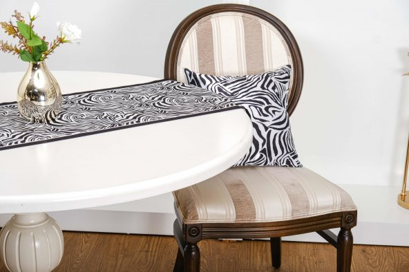 Finezza Zebra Baskılı Kumaş Siyaha Beyaz Runner&Kırlent Seti 3 Parça  - 1377 - 2