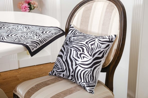 Finezza Zebra Baskılı Kumaş Siyaha Beyaz Runner&Kırlent Seti 3 Parça  - 1377 - 3