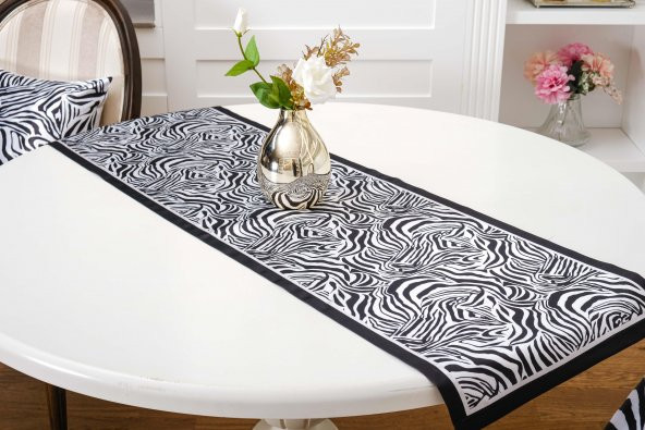 Finezza Zebra Baskılı Kumaş Siyaha Beyaz Runner&Kırlent Seti 3 Parça  - 1377 - 5