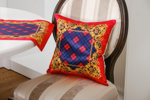 Finezza Belize Baskılı Saten Kumaş Kırmızıya siyah Runner&Kırlent Set 3 Prç-1378 - 4
