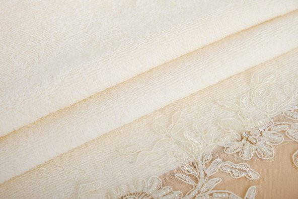 Finezza Roza Pamuk Taş işlemeli Dantel keseli Kreme Bej Havlu 50x90 cm  - 1379 - 3