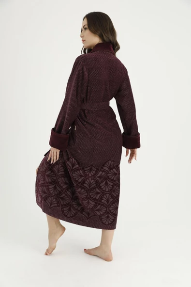 Uzun Şalyaka Jakarlı Pamuk Bayan Bornozu - Resim 4