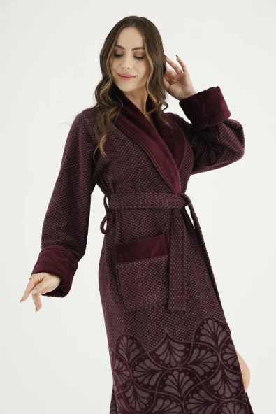 Uzun Şalyaka Jakarlı Pamuk Bayan Bornozu - Resim 3