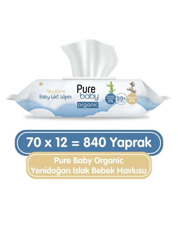 Pure Baby Organic Yenidoğan Islak Havlu 12x70 (840 Yaprak)