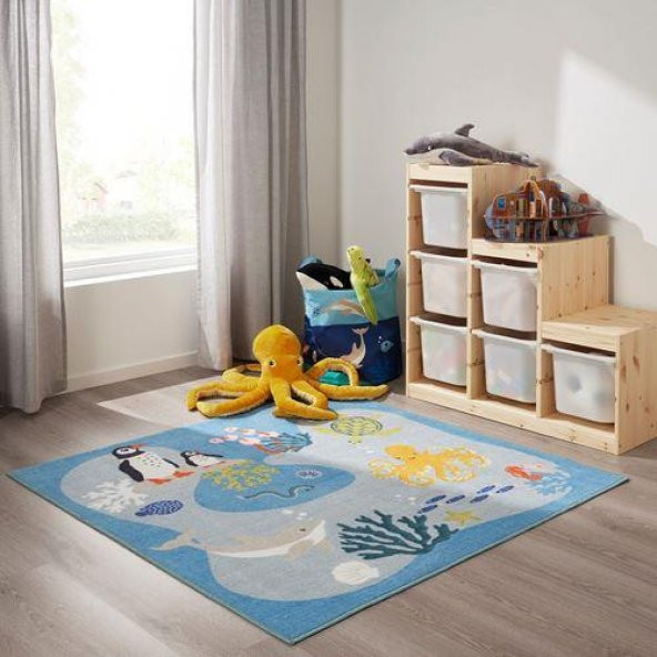 Çocuk Odası Halısı MeridyenDukkan Çok Renkli 133x133 cm IKEA Denizaltı Hayvanları Temalı - 3