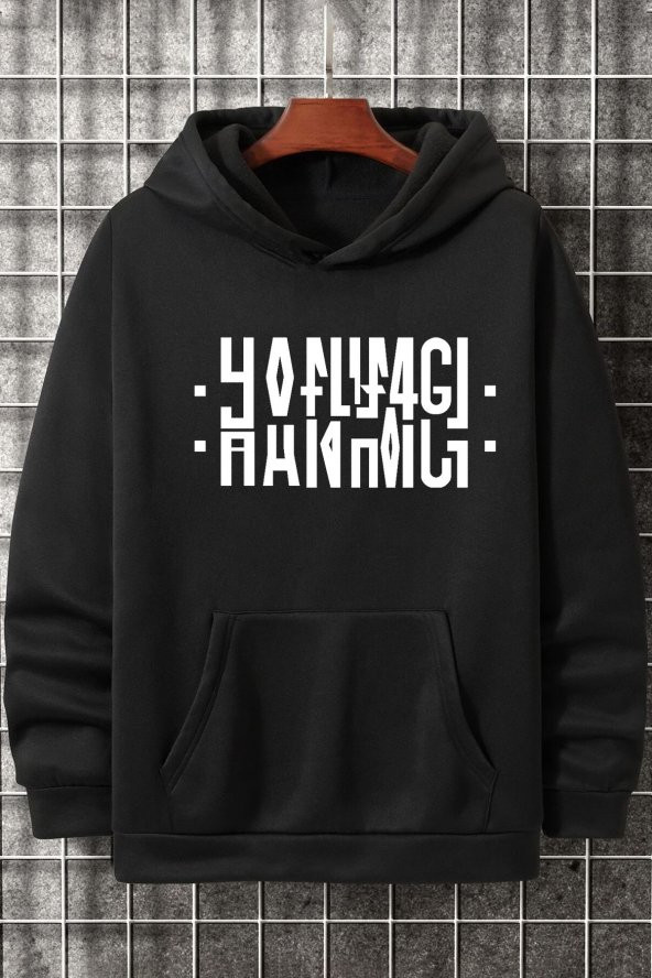 Unisex Hanımcı Yazılı Katlamalı Baskılı Kapşonlu Sweatshirt