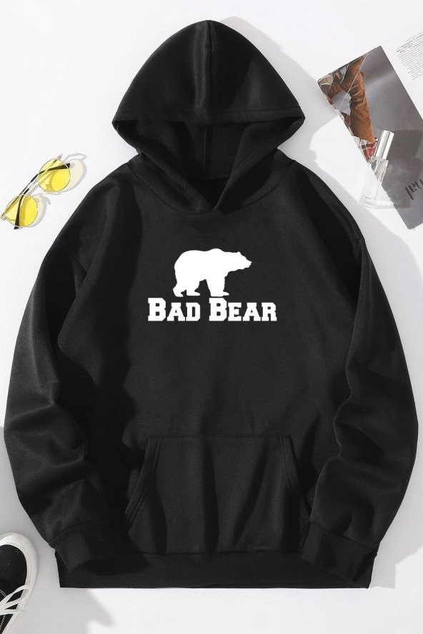 Unisex Bear Baskılı Kapüşonlu Sweatshirt