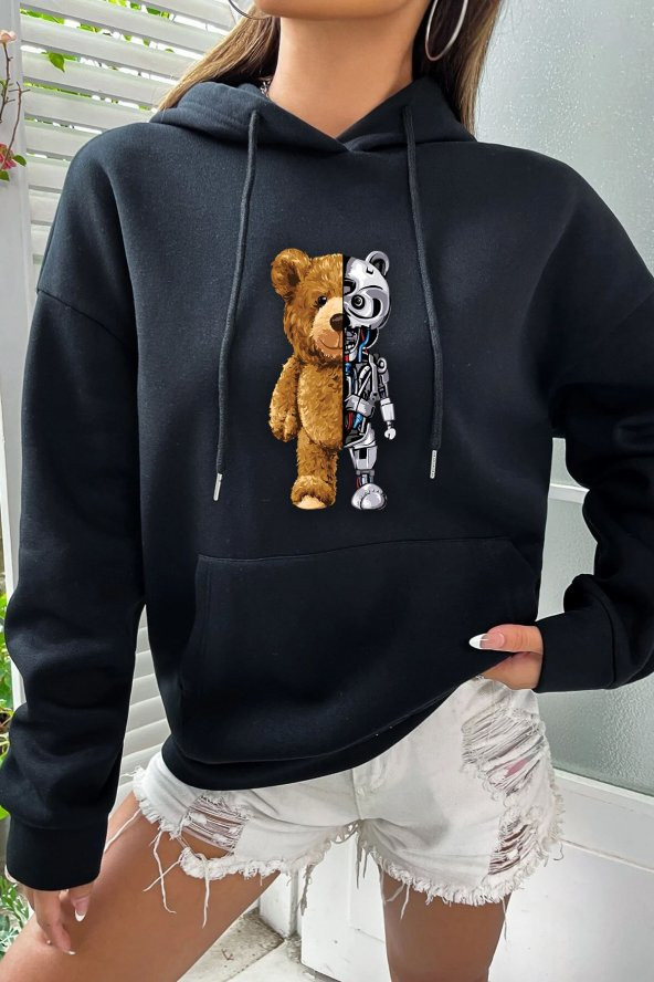 Unisex Boys Bear Baskılı Kapüşonlu Sweatshirt