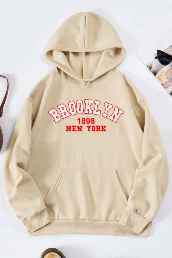 Unisex Brooklyn Baskılı Kapüşonlu Sweatshirt