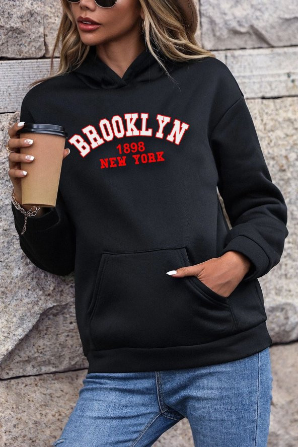 Unisex Brooklyn Baskılı Kapüşonlu Sweatshirt