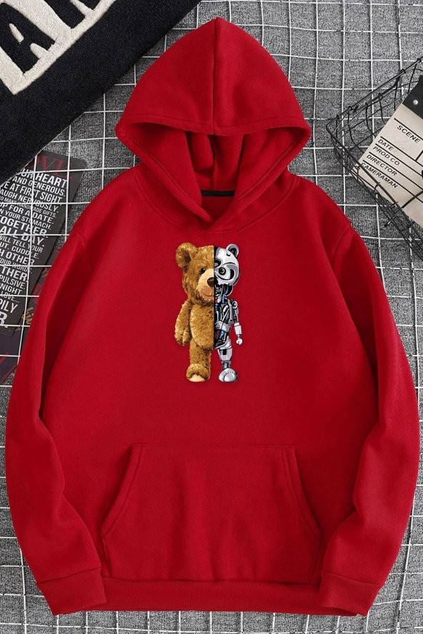 Unisex Boys Bear Baskılı Kapüşonlu Sweatshirt