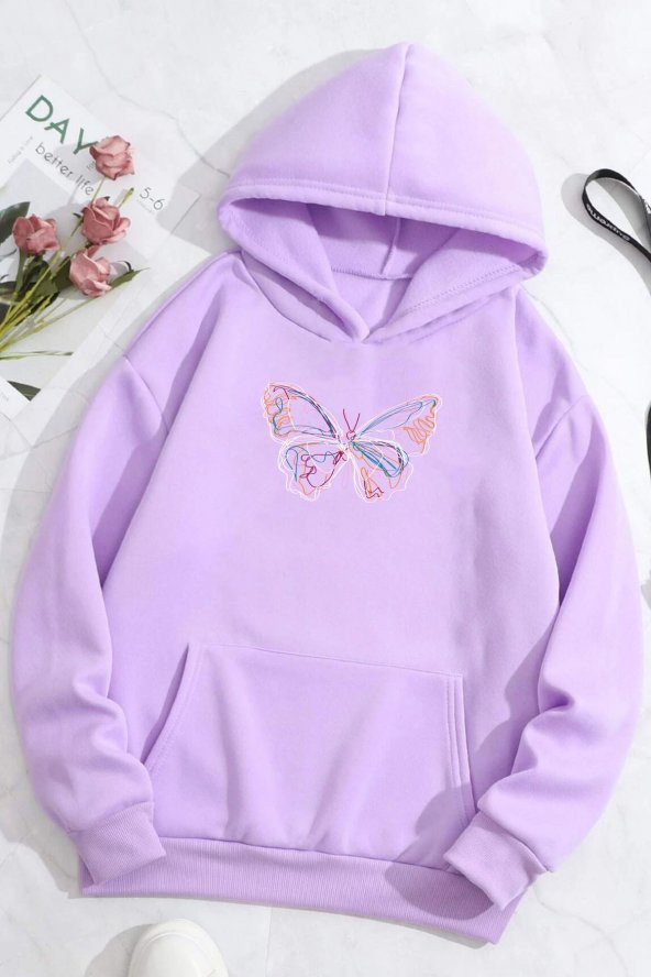 Unisex Line Butterfly Baskılı Kapüşonlu Sweatshirt