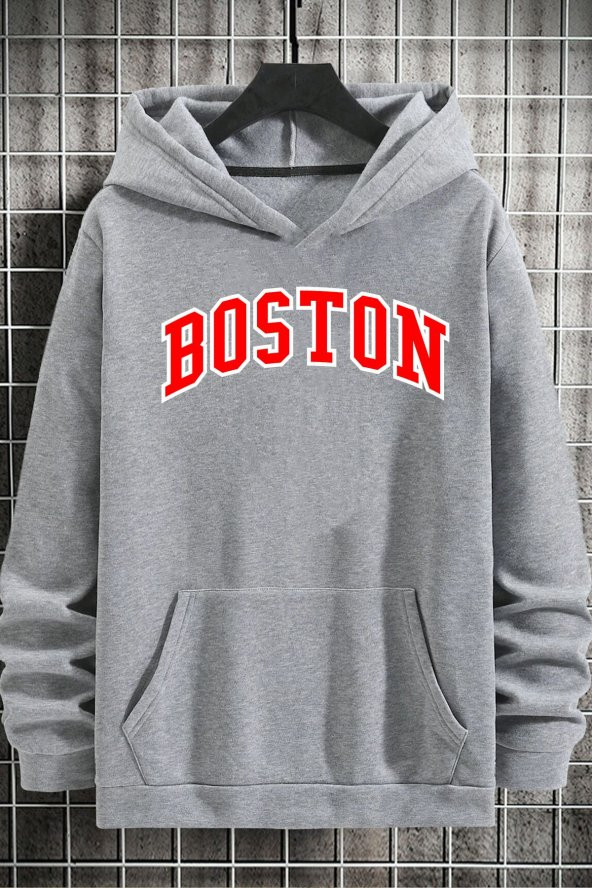 Unisex Boston Baskılı Kapüşonlu Sweatshirt