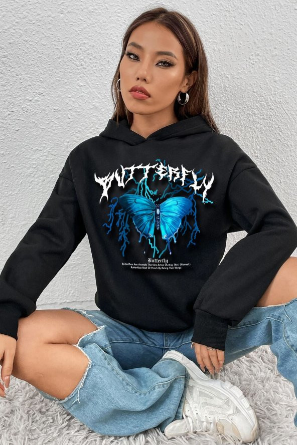 Unisex Blue Butterfly Baskılı Kapüşonlu Sweatshirt