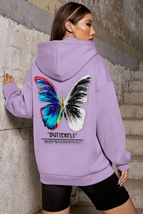 Unisex Butterfly Sırt Kapüşonlu Sweatshirt