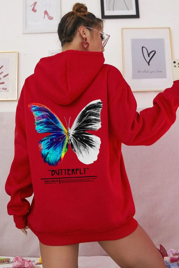 Unisex Butterfly Sırt Kapüşonlu Sweatshirt