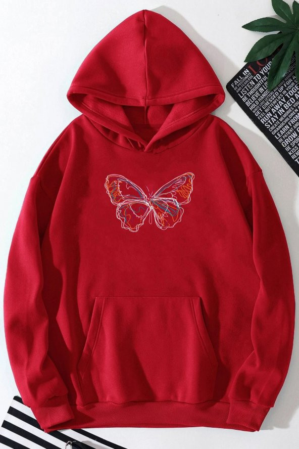 Unisex Line Butterfly Baskılı Kapüşonlu Sweatshirt