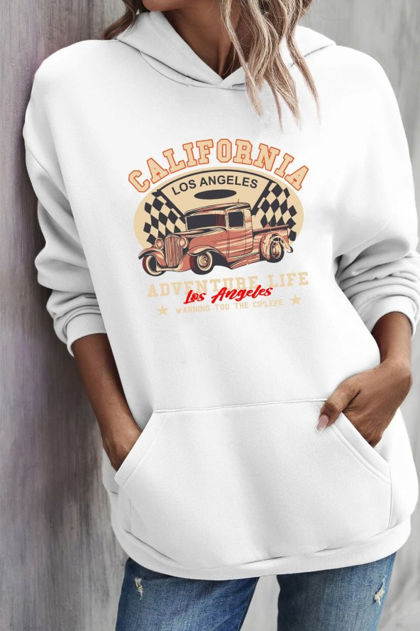 Unisex California Baskılı Kapüşonlu Sweatshirt